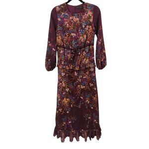 Annah Hariri Dress Womens 4 Burgundy Maxi Boho Romantic Floral Feminine Flowy